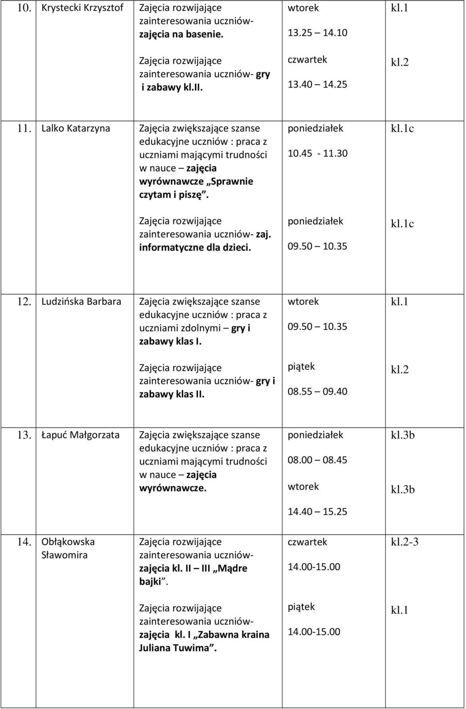 Ludzińska Barbara uczniami zdolnymi gry i zabawy klas I. i zabawy klas II. 08.55 09.40 kl.2 13.