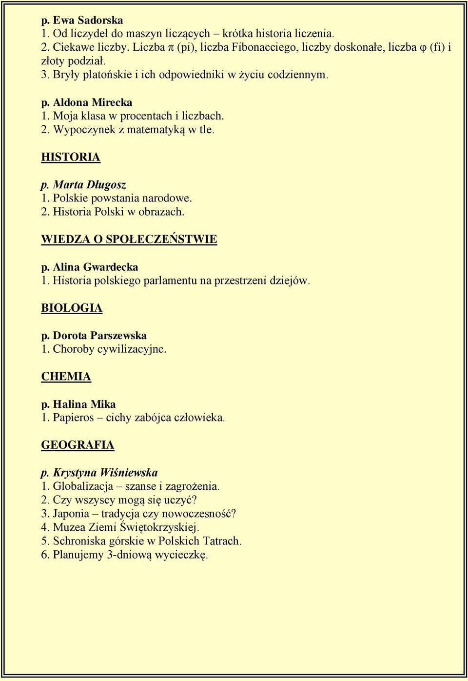 Polskie powstania narodowe. 2. Historia Polski w obrazach. WIEDZA O SPOŁECZEŃSTWIE p. Alina Gwardecka 1. Historia polskiego parlamentu na przestrzeni dziejów. BIOLOGIA p. Dorota Parszewska 1.