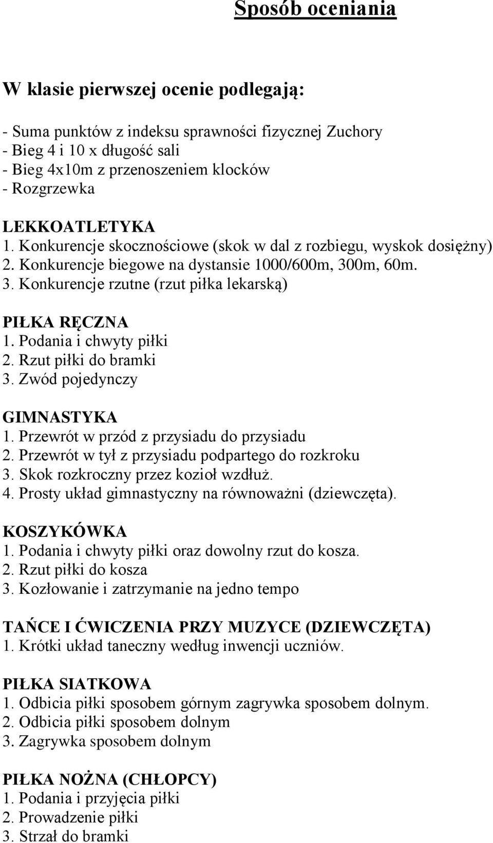 Podania i chwyty piłki 2. Rzut piłki do bramki 3. Zwód pojedynczy GIMNASTYKA 1. Przewrót w przód z przysiadu do przysiadu 2. Przewrót w tył z przysiadu podpartego do rozkroku 3.