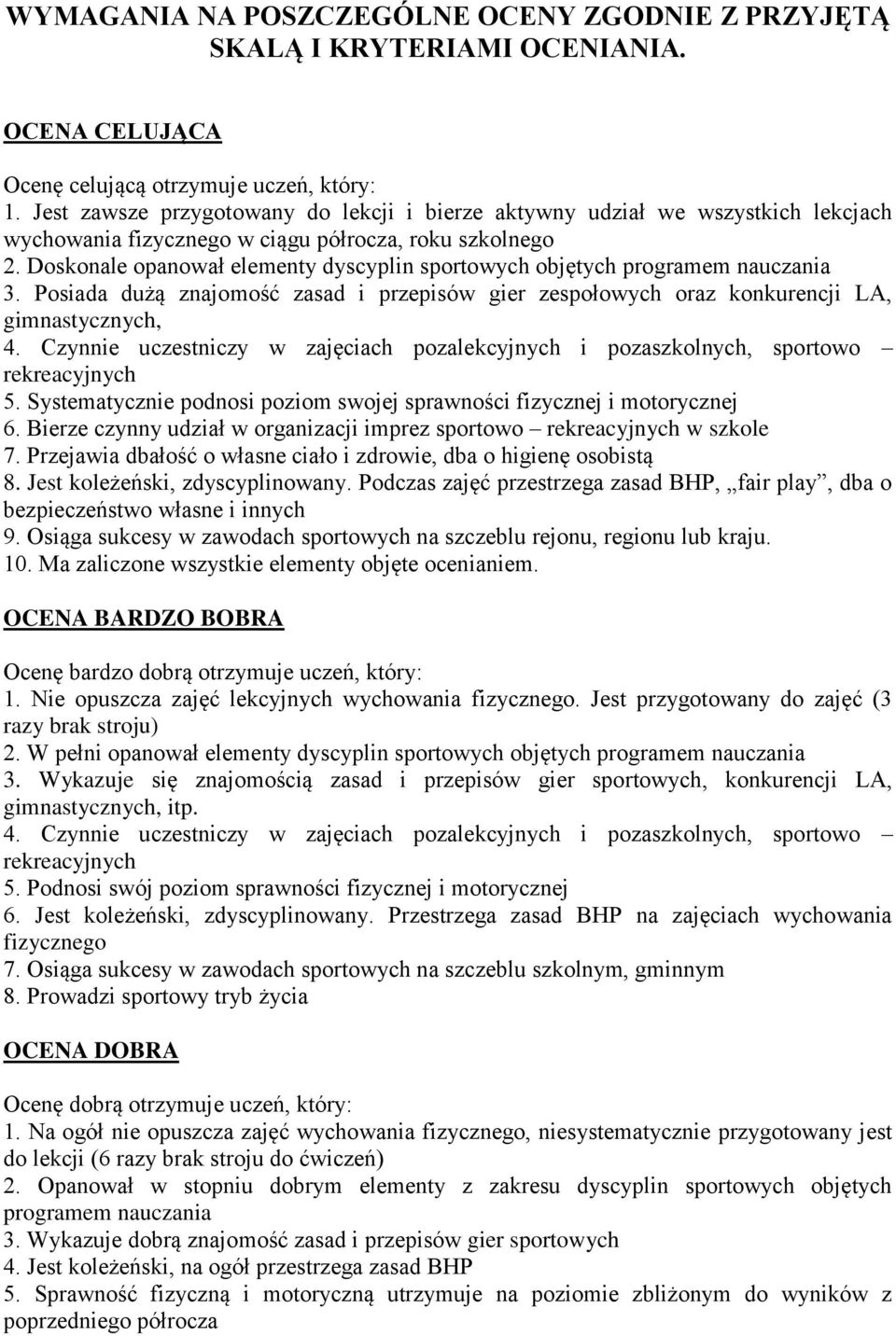 Doskonale opanował elementy dyscyplin sportowych objętych programem nauczania 3. Posiada dużą znajomość zasad i przepisów gier zespołowych oraz konkurencji LA, gimnastycznych, 4.