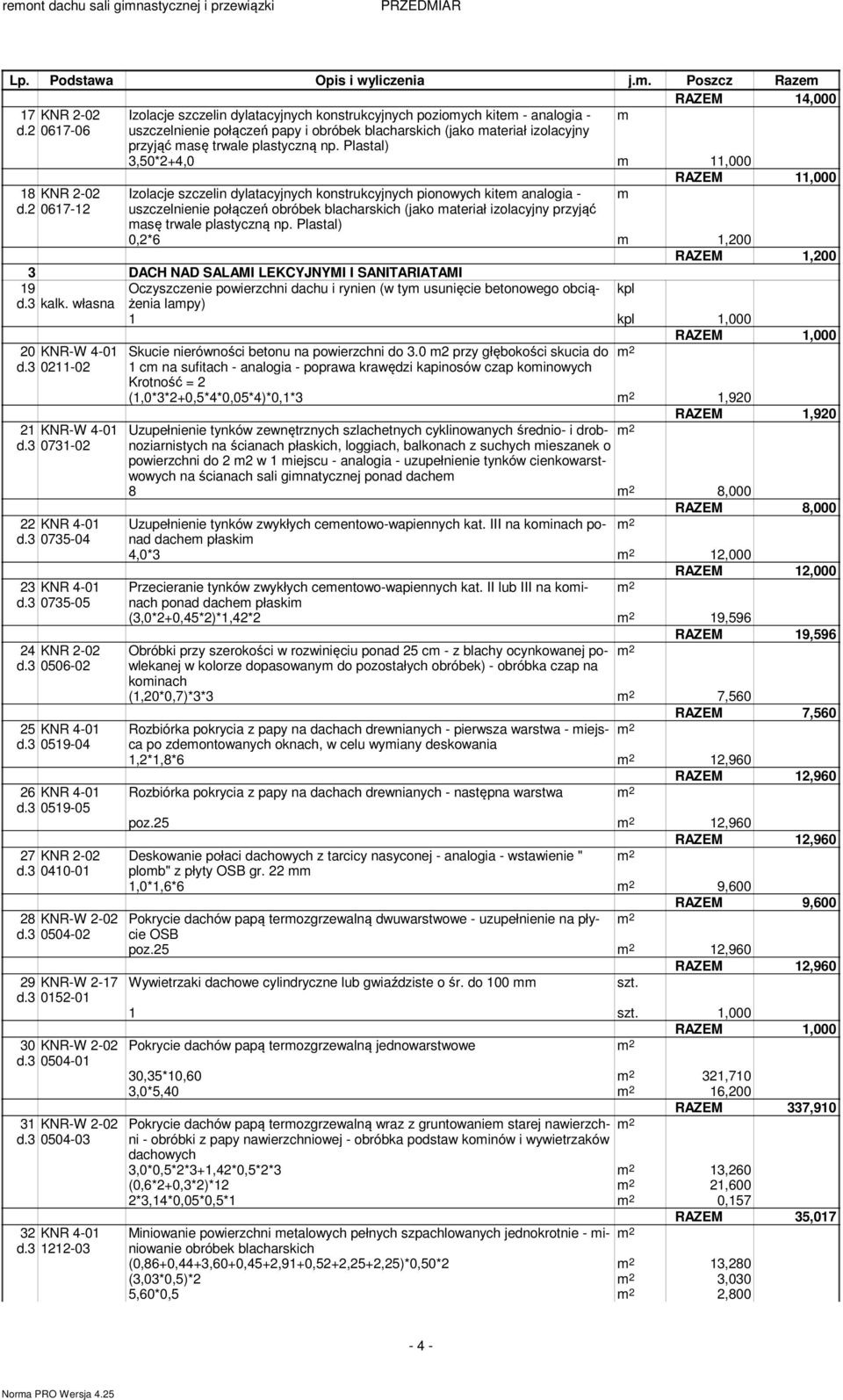 2 0617-12 11,000 Izolacje szczelin dylatacyjnych konstrukcyjnych pionowych kitem analogia - m uszczelnienie połączeń obróbek blacharskich (jako materiał izolacyjny przyjąć masę trwale plastyczną np.