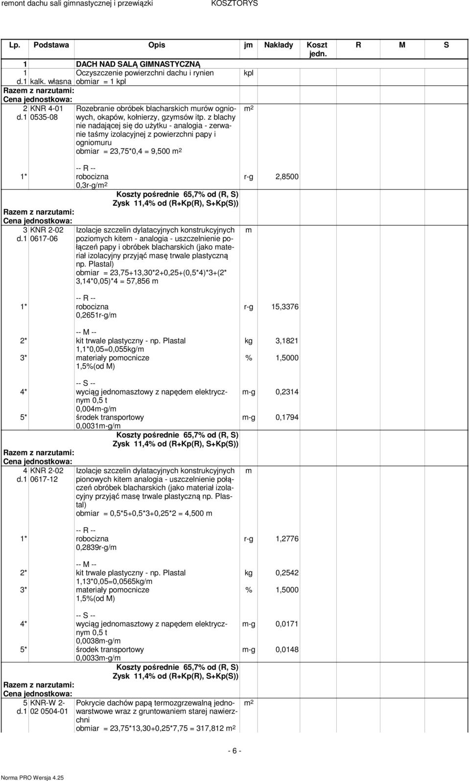 z blachy nie nadającej się do użytku - analogia - zerwanie taśmy izolacyjnej z powierzchni papy i ogniomuru obmiar = 23,75*0,4 = 9,500 0,3r-g/ r-g 2,8500 3 KNR 2-02 d.