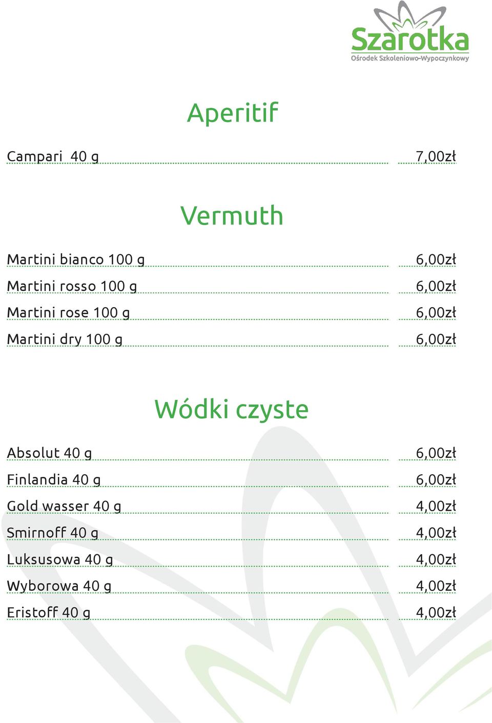 g Wódki czyste Absolut 40 g Finlandia 40 g Gold wasser