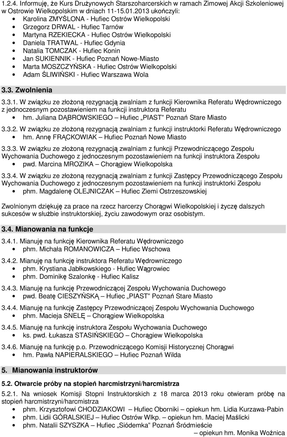 Konin Jan SUKIENNIK - Hufiec Poznań Nowe-Miasto Marta MOSZCZYŃSKA - Hufiec Ostrów Wielkopolski Adam ŚLIWIŃSKI - Hufiec Warszawa Wola 3.3. Zwolnienia 3.3.1.