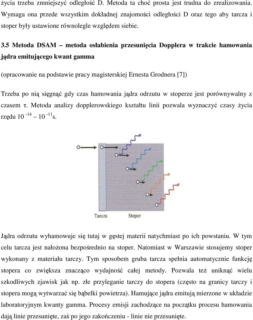 5 Metoda DSAM metoda osłabienia przesunięcia Dopplera w trakcie hamowania jądra emitującego kwant gamma (opracowanie na podstawie pracy magisterskiej Ernesta Grodnera [7]) Trzeba po nią sięgnąć gdy