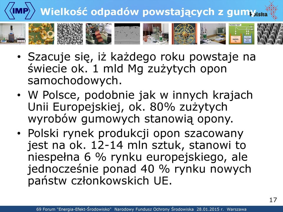 80% zużytych wyrobów gumowych stanowią opony. Polski rynek produkcji opon szacowany jest na ok.