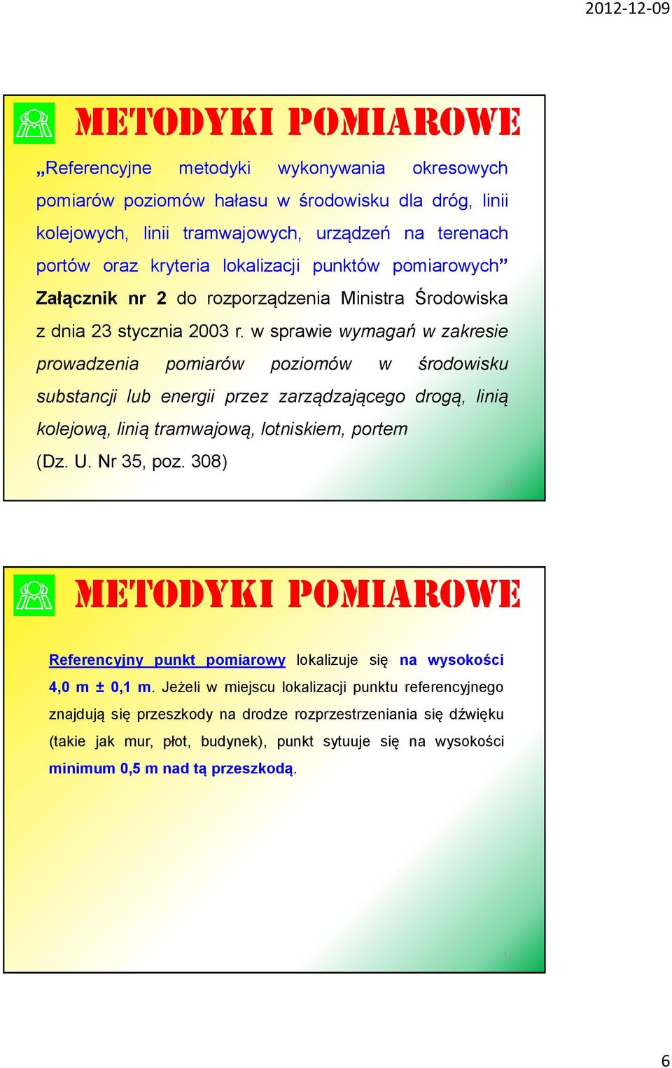 w sprawie wymagań w zakresie prowadzenia pomiarów poziomów w środowisku substancji lub energii przez zarządzającego drogą, linią kolejową, linią tramwajową, lotniskiem, portem (Dz. U. Nr 35, poz.