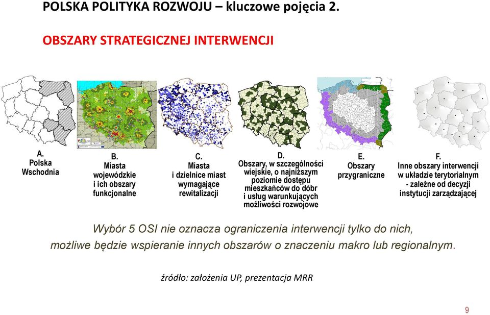 Obszary, w szczególności wiejskie, o najniższym poziomie dostępu mieszkańców do dóbr i usług warunkujących możliwości rozwojowe E. Obszary przygraniczne F.