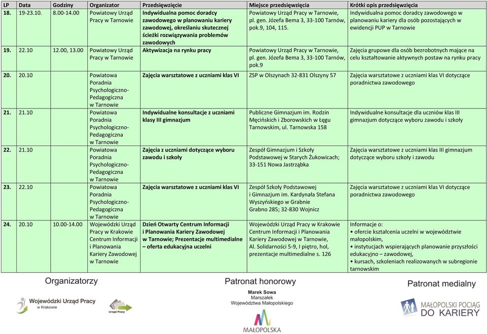 00 Wojewódzki Urząd Indywidualna pomoc doradcy zawodowego w planowaniu kariery zawodowej, określaniu skutecznej ścieżki rozwiązywania problemów zawodowych Aktywizacja na rynku pracy Powiatowy Urząd