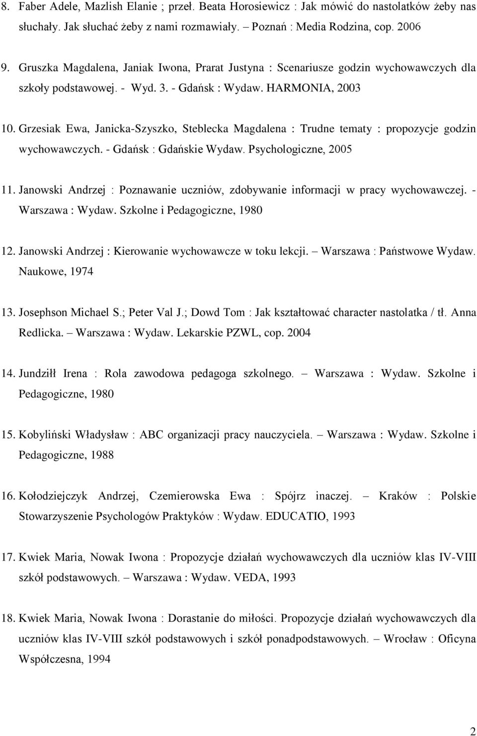 Grzesiak Ewa, Janicka-Szyszko, Steblecka Magdalena : Trudne tematy : propozycje godzin wychowawczych. - Gdańsk : Gdańskie Wydaw. Psychologiczne, 2005 11.