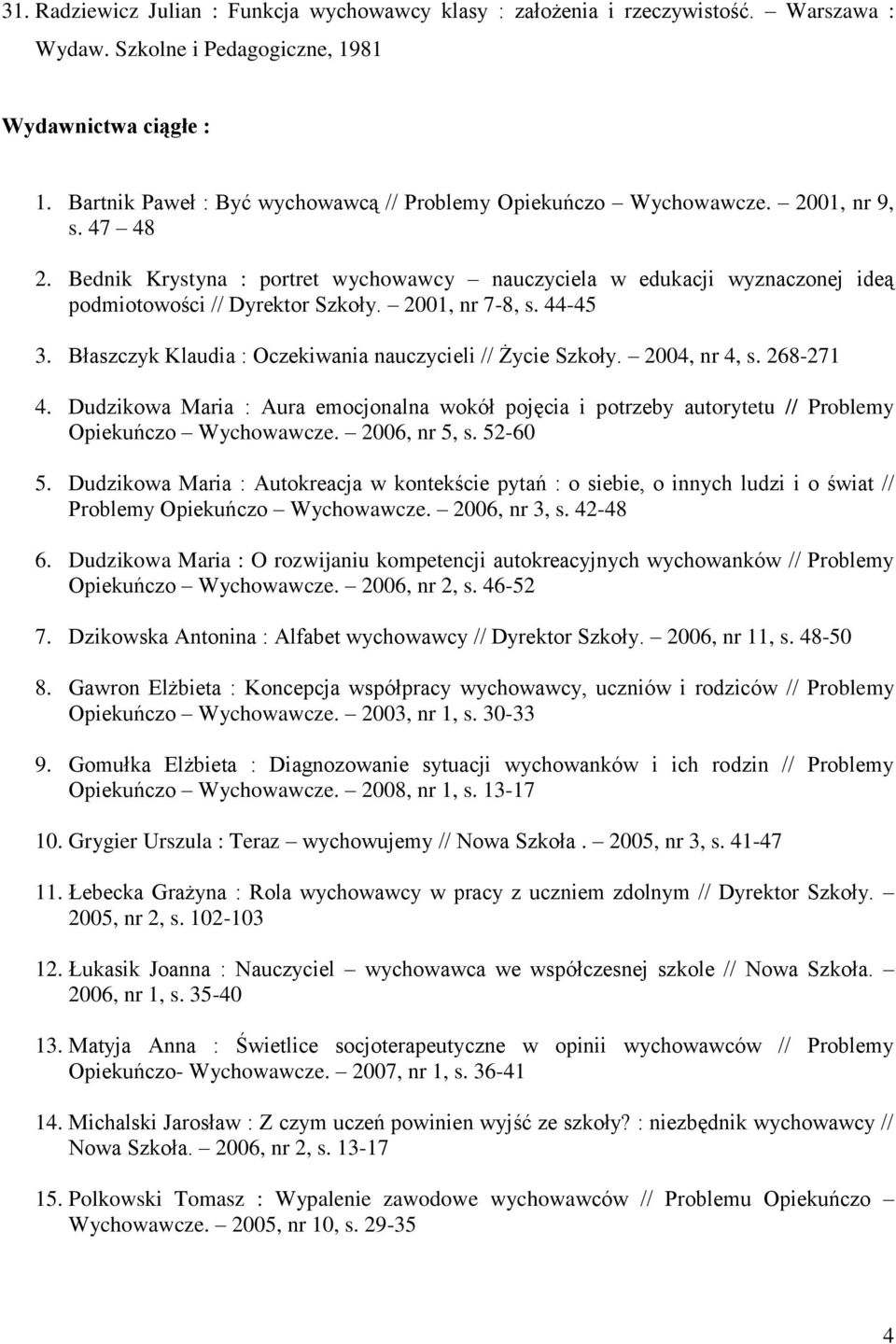 Bednik Krystyna : portret wychowawcy nauczyciela w edukacji wyznaczonej ideą podmiotowości // Dyrektor Szkoły. 2001, nr 7-8, s. 44-45 3. Błaszczyk Klaudia : Oczekiwania nauczycieli // Życie Szkoły.