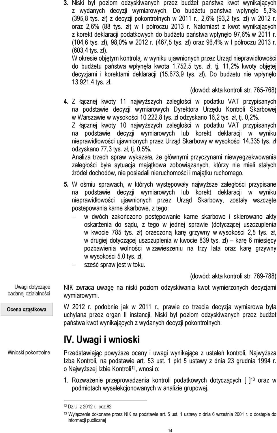 Natomiast z kwot wynikających z korekt deklaracji podatkowych do budżetu państwa wpłynęło 97,6% w 2011 r. (104,6 tys. zł), 98,0% w 2012 r. (467,5 tys. zł) oraz 96,4% w I półroczu 2013 r. (603,4 tys.