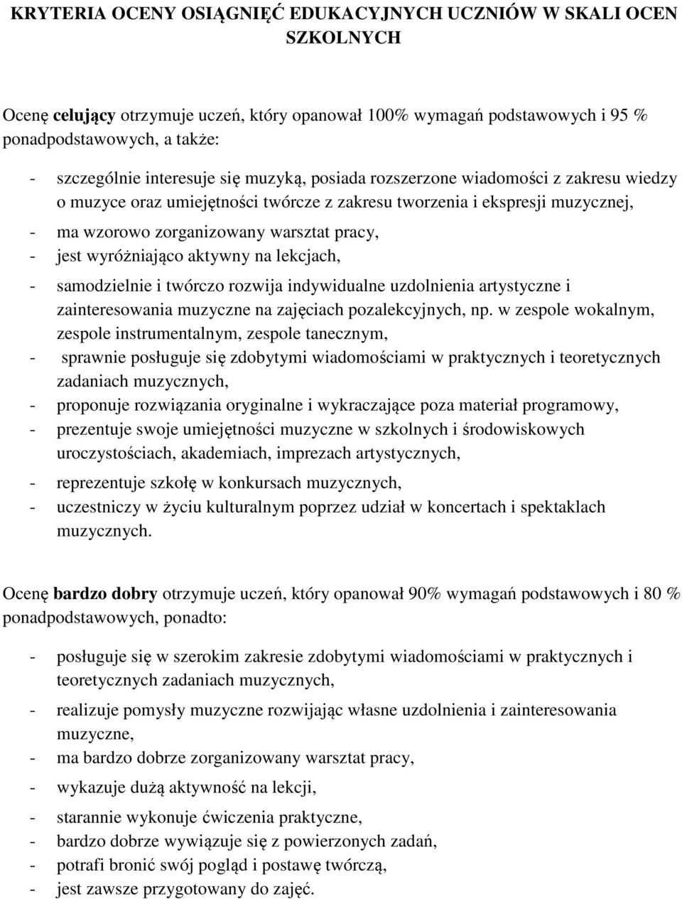 wyróżniająco aktywny na lekcjach, - samodzielnie i twórczo rozwija indywidualne uzdolnienia artystyczne i zainteresowania muzyczne na zajęciach pozalekcyjnych, np.