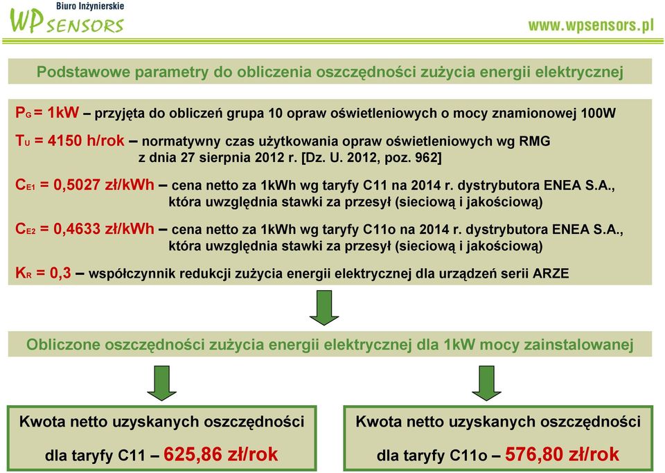 S.A., która uwzględnia stawki za przesył (sieciową i jakościową) CE2 = 0,4633 zł/kwh cena netto za 1kWh wg taryfy C11o na 2014 r. dystrybutora ENEA S.A., która uwzględnia stawki za przesył (sieciową