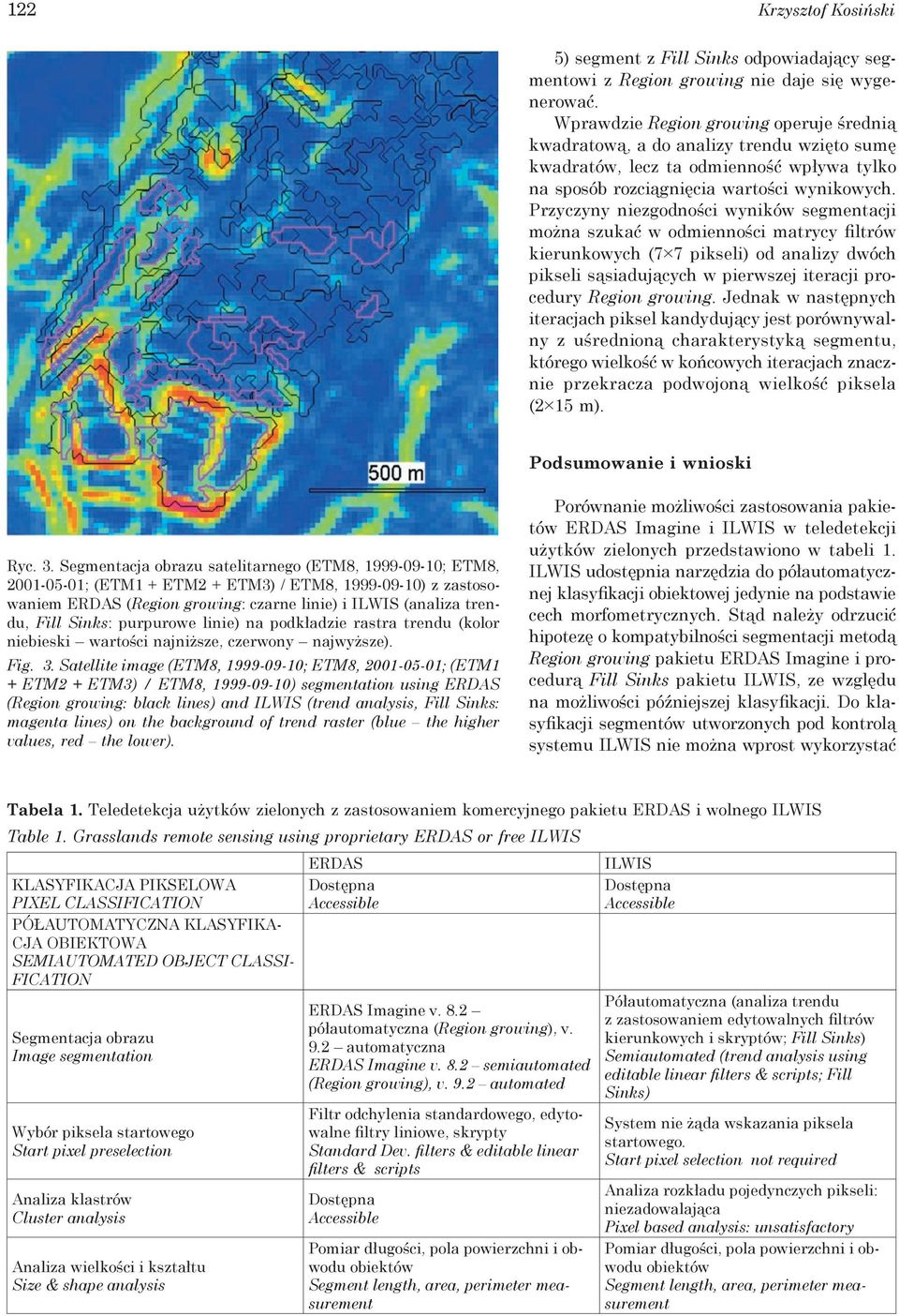 Przyczyny niezgodności wyników segmentacji można szukać w odmienności matrycy filtrów kierunkowych (7 7 pikseli) od analizy dwóch pikseli sąsiadujących w pierwszej iteracji procedury Region growing.