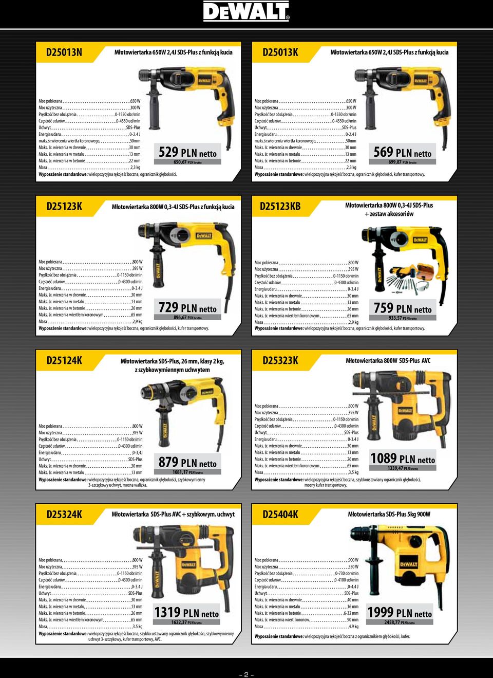 529 PLN 650,67 PLN 650 W 300 W 0-1550 obr/min Częstość udarów 0-4550 ud/min Uchwyt SDS-Plus Energia udaru 0-2.4 J maks.śr.wiercenia wiertła koronowego 50mm Maks. śr. wiercenia w drewnie 30 mm Maks.
