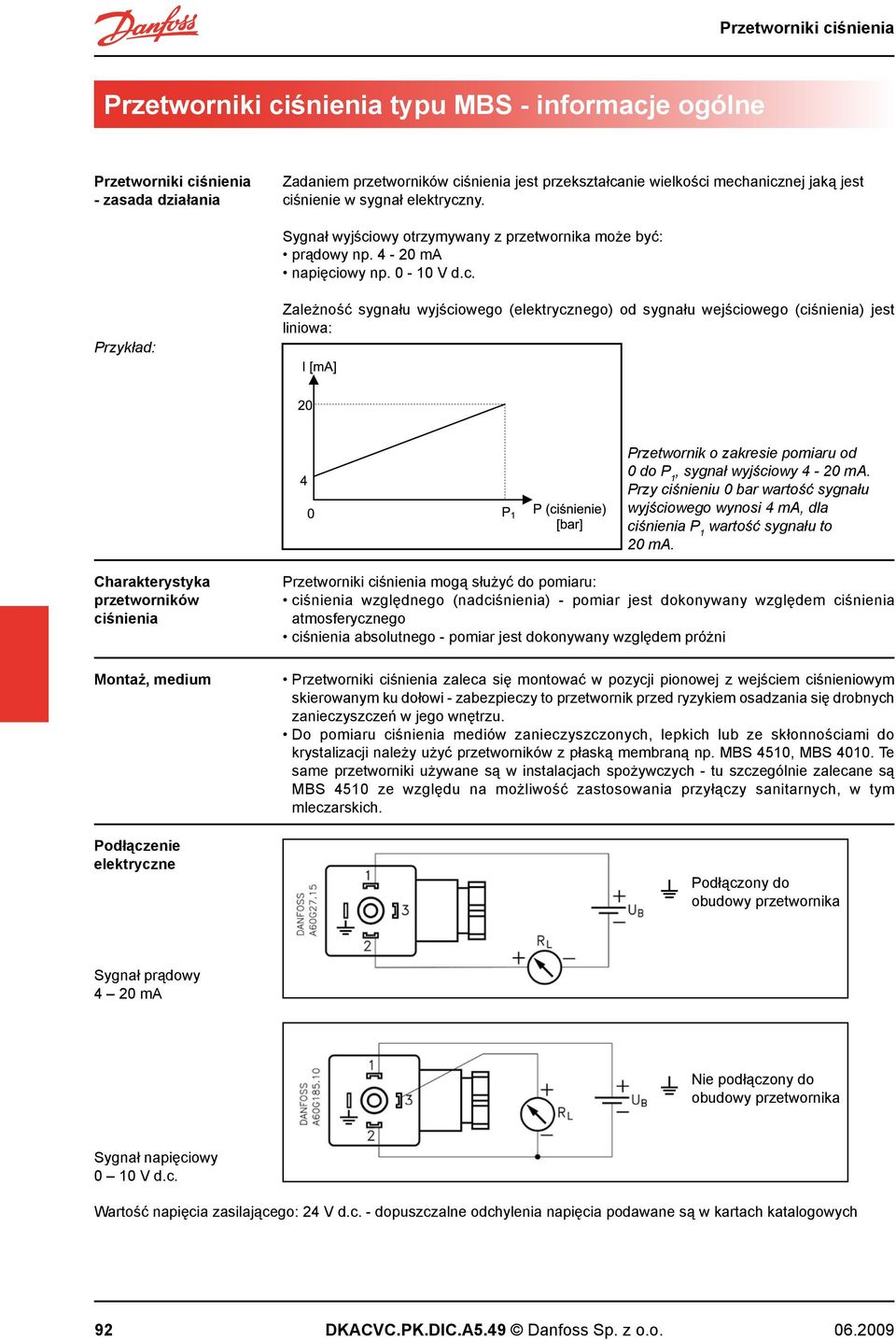 rzy ciśnieniu 0 wartość sygnału wyjściowego wynosi 4 ma, dla ciśnienia 1 wartość sygnału to 20 ma.