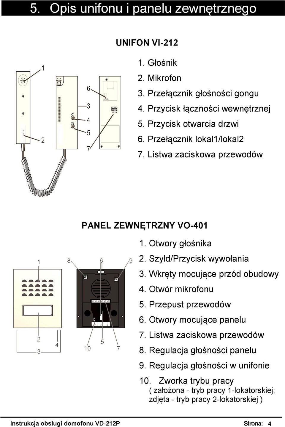 Wkręty mocujące przód obudowy 4. Otwór mikrofonu 5. Przepust przewodów 6. Otwory mocujące panelu 7. Listwa zaciskowa przewodów 8. Regulacja głośności panelu 9.