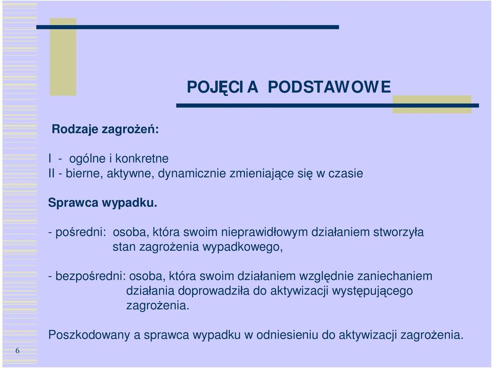 - pośredni: osoba, która swoim nieprawidłowym działaniem stworzyła stan zagrożenia wypadkowego, -