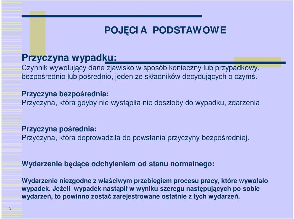 Przyczyna bezpośrednia: Przyczyna, która gdyby nie wystąpiła nie doszłoby do wypadku, zdarzenia Przyczyna pośrednia: Przyczyna, która doprowadziła do