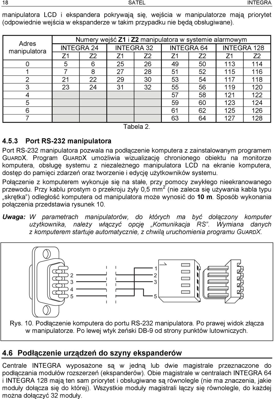 22 29 30 53 54 117 118 3 23 24 31 32 55 56 119 120 4 57 58 121 122 5 59 60 123 124 6 61 62 125 126 7 63 64 127 128 Tabela 2. 4.5.3 Port RS-232 manipulatora Port RS-232 manipulatora pozwala na podłączenie komputera z zainstalowanym programem GUARDX.