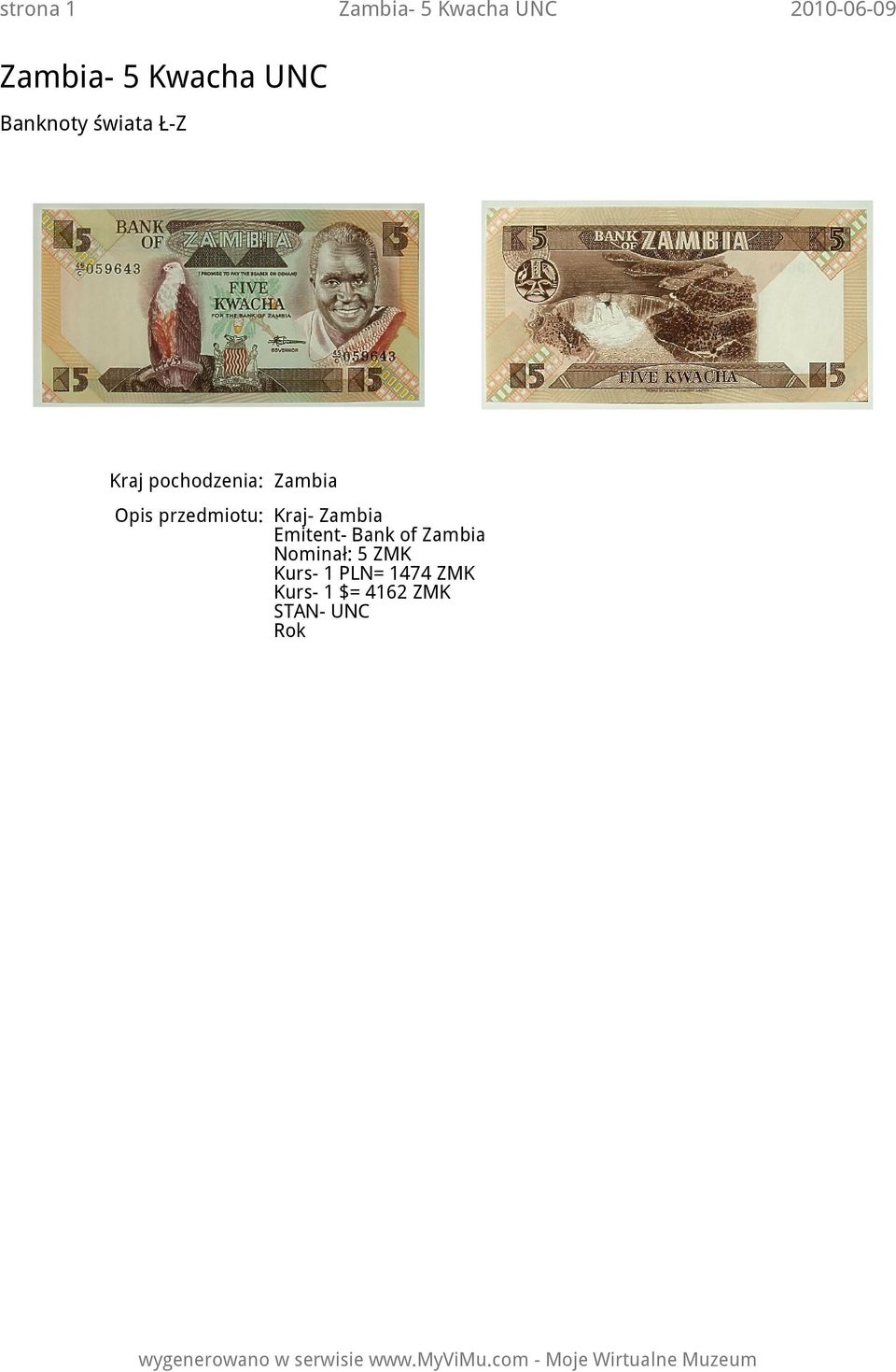 przedmiotu: Kraj- Zambia Emitent- Bank of Zambia