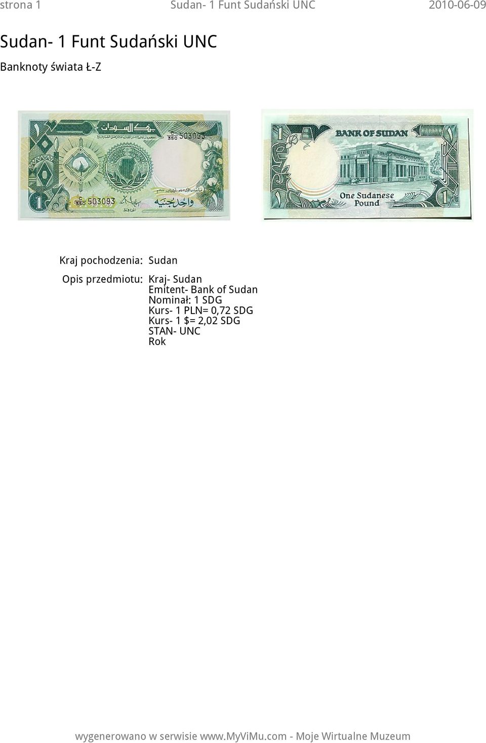 Opis przedmiotu: Kraj- Sudan Emitent- Bank of Sudan