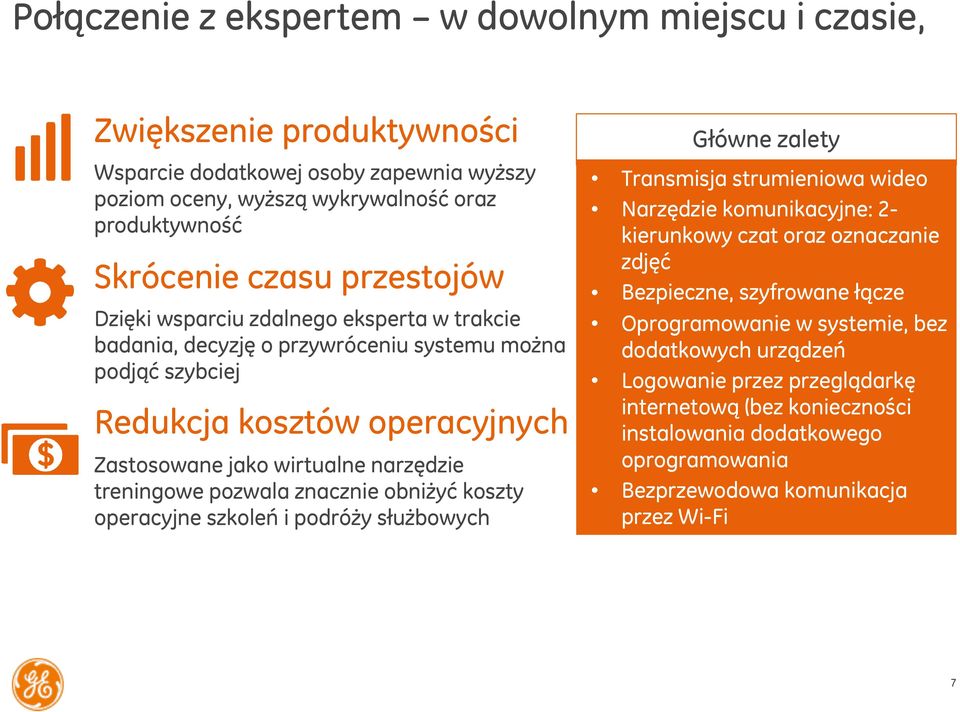 pozwala znacznie obniżyć koszty operacyjne szkoleń i podróży służbowych Główne zalety Transmisja strumieniowa wideo Narzędzie komunikacyjne: 2- kierunkowy czat oraz oznaczanie zdjęć Bezpieczne,