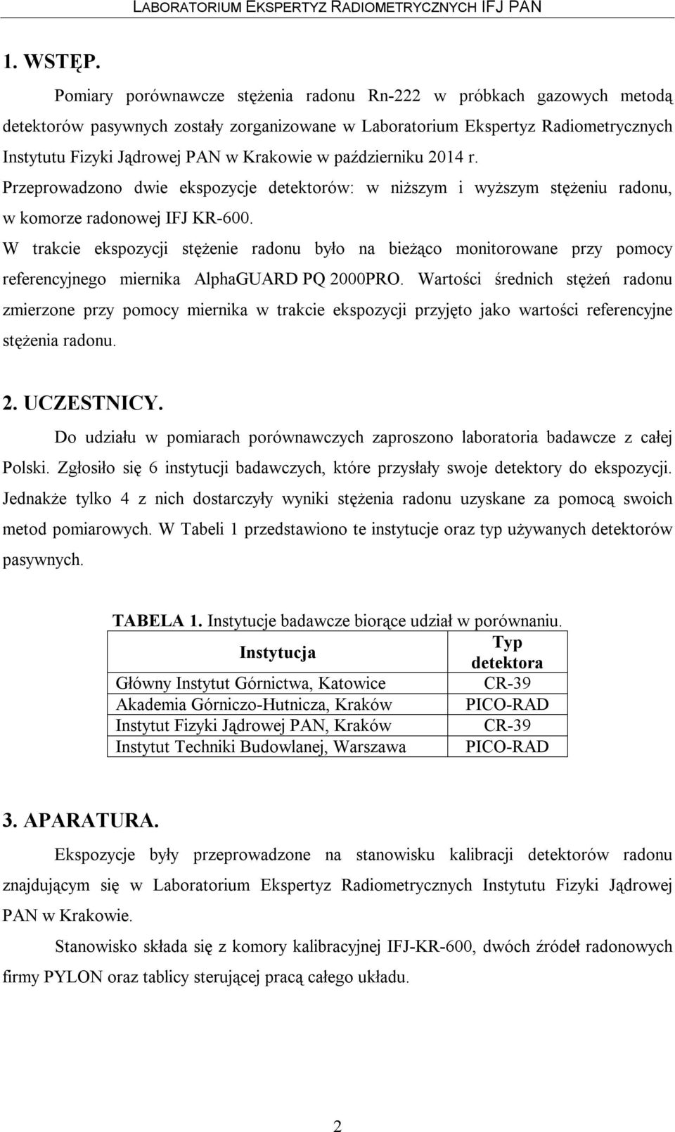 październiku 2014 r. Przeprowadzono dwie ekspozycje detektorów: w niższym i wyższym stężeniu radonu, w komorze radonowej IFJ KR-600.