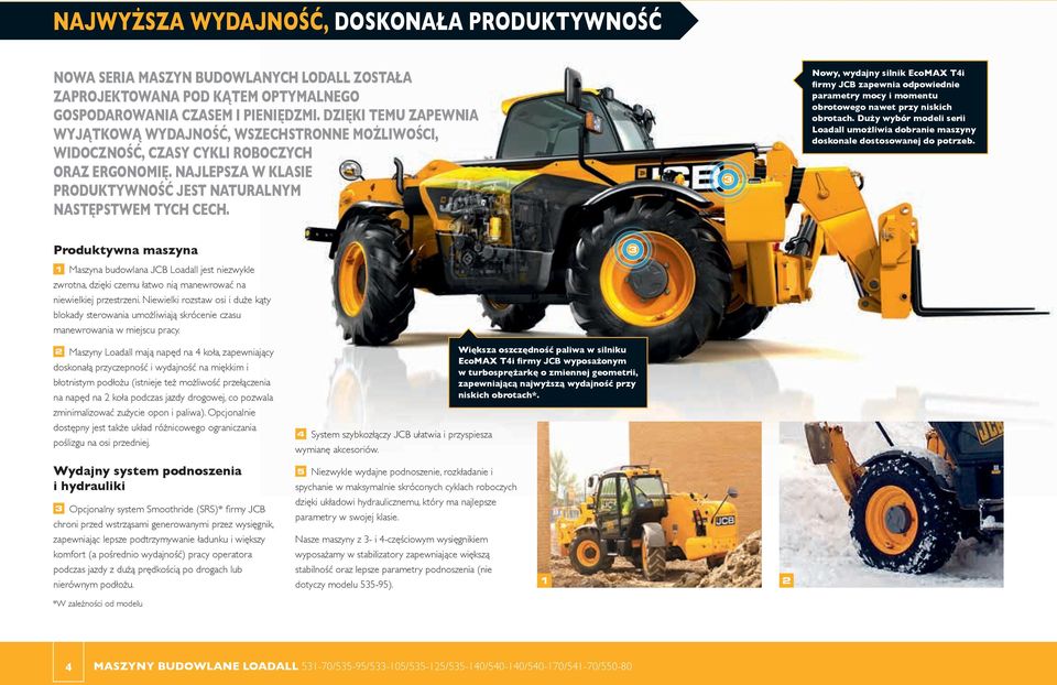 Nowy, wydajny silnik EcoMAX Ti firmy JCB zapewnia odpowiednie parametry mocy i momentu obrotowego nawet przy niskich obrotach.