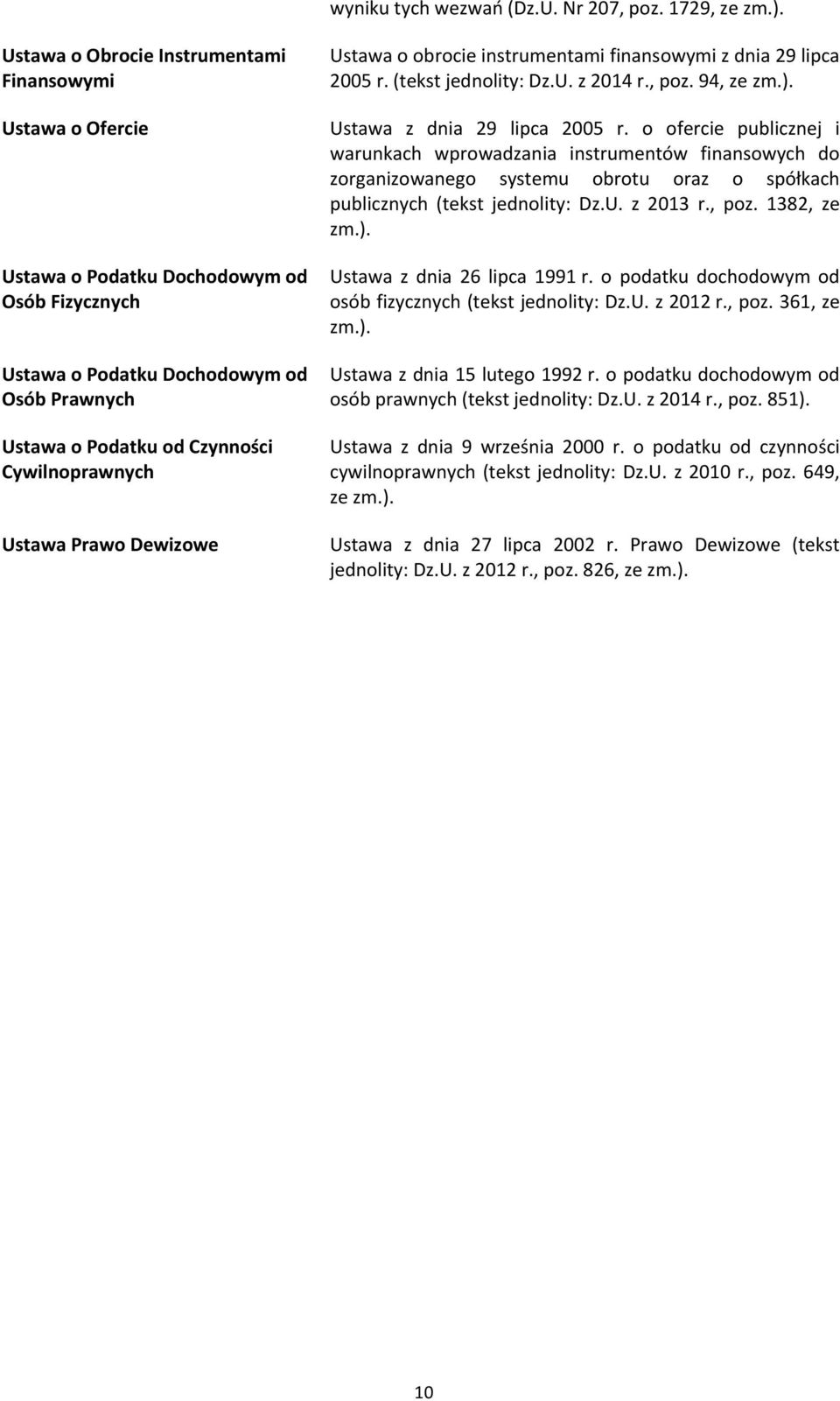 Ustawa Prawo Dewizowe Ustawa o obrocie instrumentami finansowymi z dnia 29 lipca 2005 r. (tekst jednolity: Dz.U. z 2014 r., poz. 94, ze zm.). Ustawa z dnia 29 lipca 2005 r.