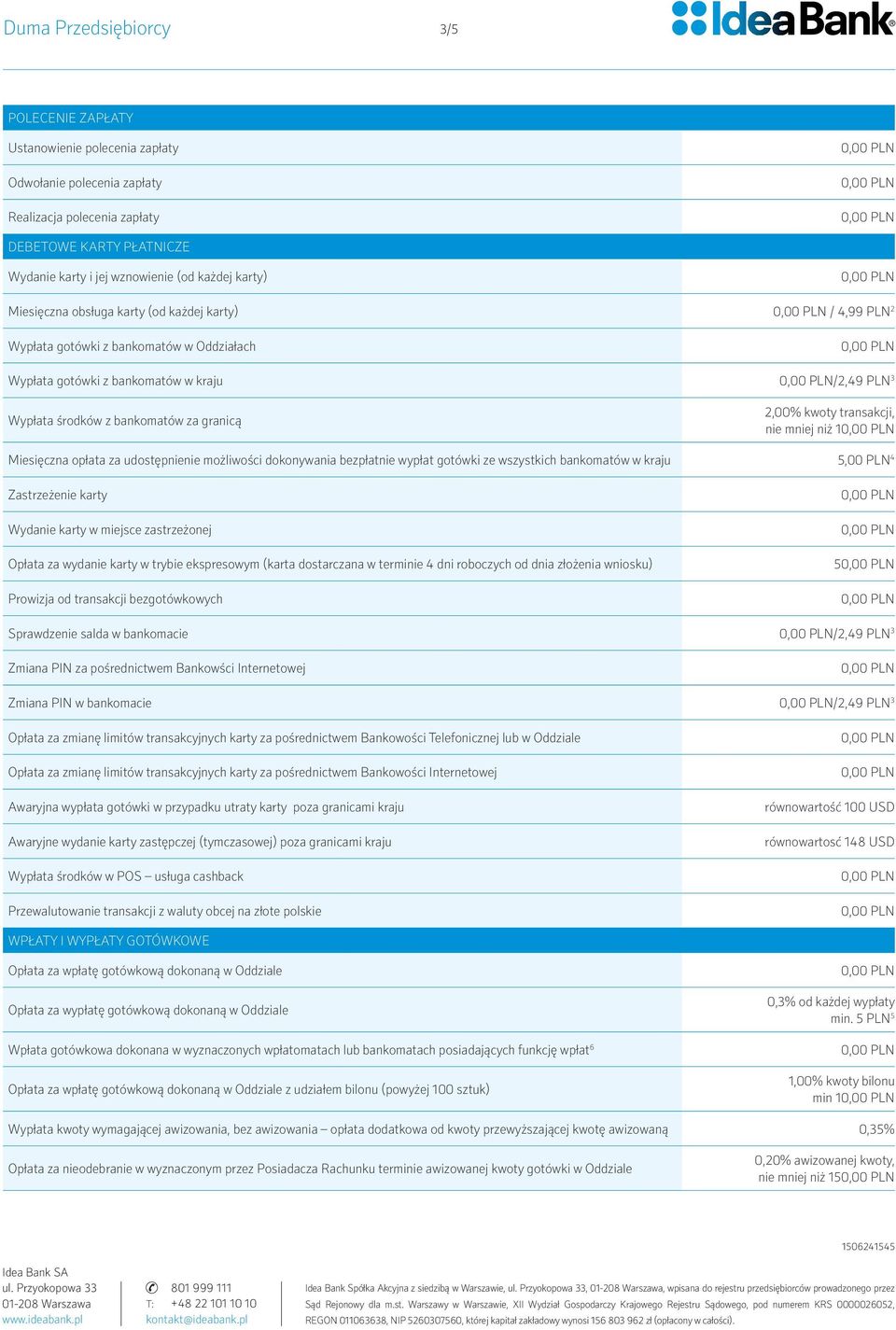 transakcji, nie mniej niż 1 Miesięczna opłata za udostępnienie możliwości dokonywania bezpłatnie wypłat gotówki ze wszystkich bankomatów w kraju 5,00 PLN 4 Zastrzeżenie karty Wydanie karty w miejsce