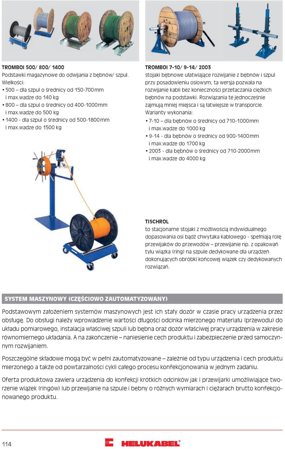 wadze do 1500 kg TROMBOI 7-10/ 9-14/ 2003 stojaki bębnowe ułatwiające rozwijanie z bębnów i szpul przy posadowieniu osiowym, ta wersja pozwala na rozwijanie kabli bez konieczności przetaczania