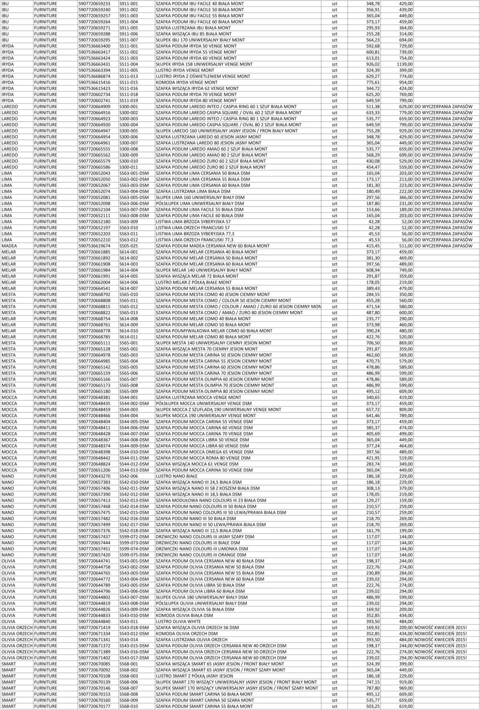 S911-005 SZAFKA LUSTRZANA IBU BIAŁA MONT szt 295,93 364,00 IBU FURNITURE 5907720659288 S911-006 SZAFKA WISZĄCA IBU 85 BIAŁA MONT szt 255,28 314,00 IBU FURNITURE 5907720659295 S911-007 SŁUPEK IBU 170