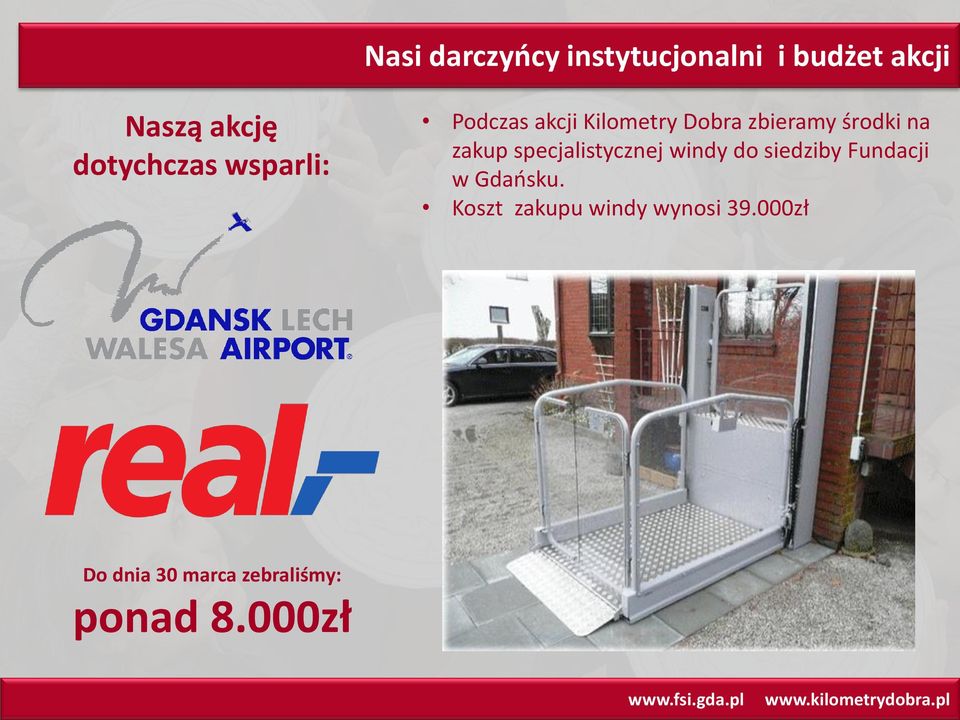 na zakup specjalistycznej windy do siedziby Fundacji w Gdańsku.