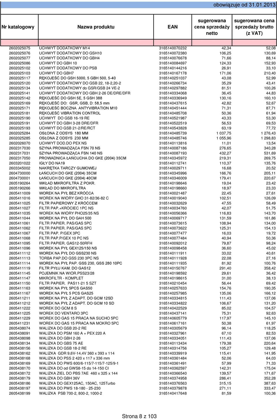 500, 5-40 3165140251037 43,08 52,99 2602025120 UCHWYT DODATKOWY DO GSB 22, 18-2,20-2 3165140266734 35,29 43,41 2602025134 UCHWYT DODATKOWY do GSR/GSB 24 VE-2 3165140297882 81,51 100,26 2602025141