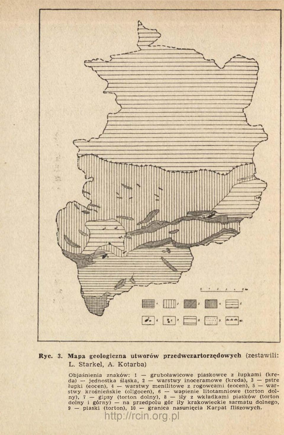 łupki (eocen), 4 warstwy menilitowe z rogowcami (eocen), 5 warstwy krośnieńskie (oligocen), 6 wapienie litotamniowe (torton dolny),