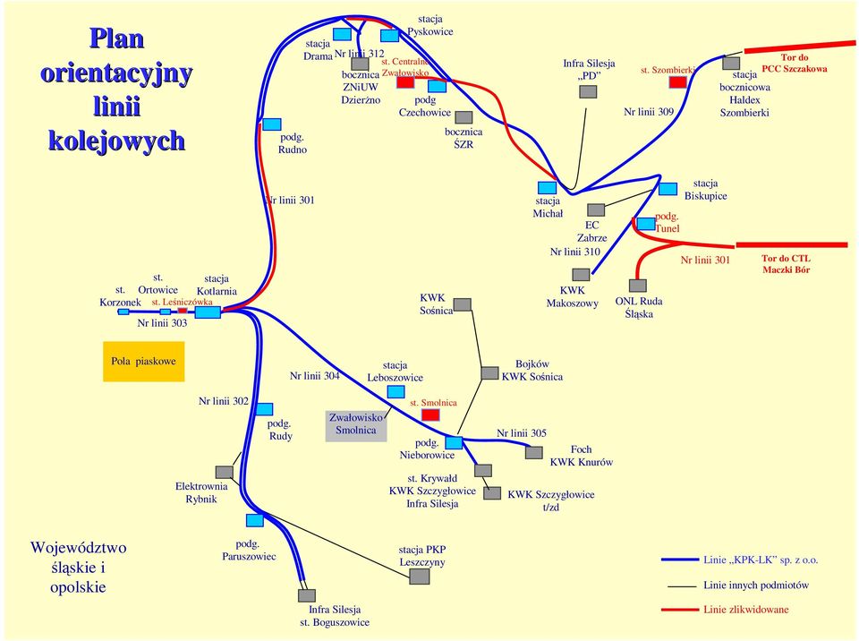 Leśniczówka Nr linii 303 Nr linii 301 KWK Sośnica Michał EC Zabrze Nr linii 310 KWK Makoszowy ONL Ruda Śląska Tunel Biskupice Nr linii 301 Tor do CTL Maczki Bór Pola piaskowe Nr linii 304 Leboszowice