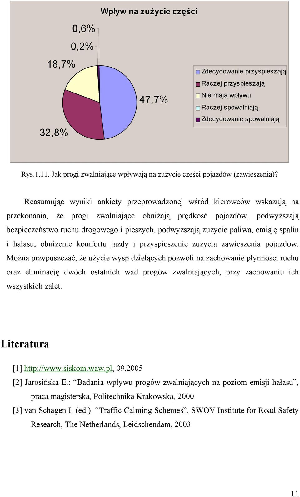 Reasumując wyniki ankiety przeprowadzonej wśród kierowców wskazują na przekonania, że progi zwalniające obniżają prędkość pojazdów, podwyższają bezpieczeństwo ruchu drogowego i pieszych, podwyższają