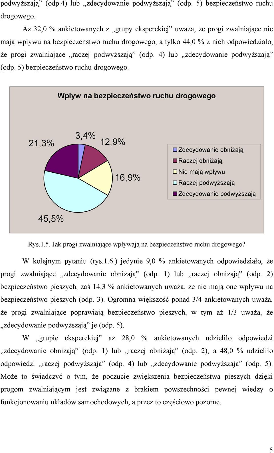 (odp. 4) lub zdecydowanie podwyższają (odp. 5) bezpieczeństwo ruchu drogowego. Wpływ na bezpieczeństwo ruchu drogowego 21,3% 3,4% 12,9% 16,9% Zdecydowanie obniżają Zdecydowanie podwyższają 45,5% Rys.