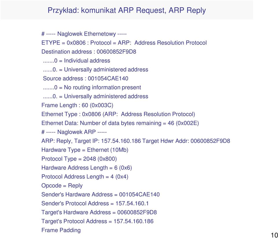 (ARP: Address Resolution Protocol) Ethernet Data: Number of data bytes remaining = 46 (0x002E) # ----- Naglowek ARP ----- ARP: Reply, Target IP: 157.54.160.