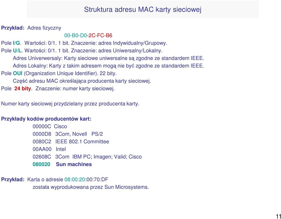 22 bity. Część adresu MAC określająca producenta karty sieciowej. Pole 24 bity. Znaczenie: numer karty sieciowej. Numer karty sieciowej przydzielany przez producenta karty.