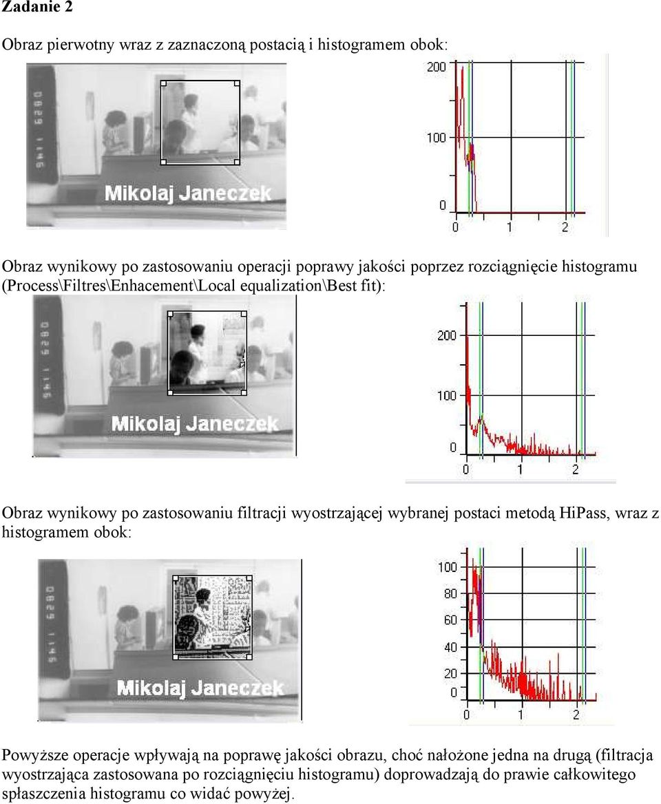 wybranej postaci metodą HiPass, wraz z histogramem obok: Powyższe operacje wpływają na poprawę jakości obrazu, choć nałożone jedna na