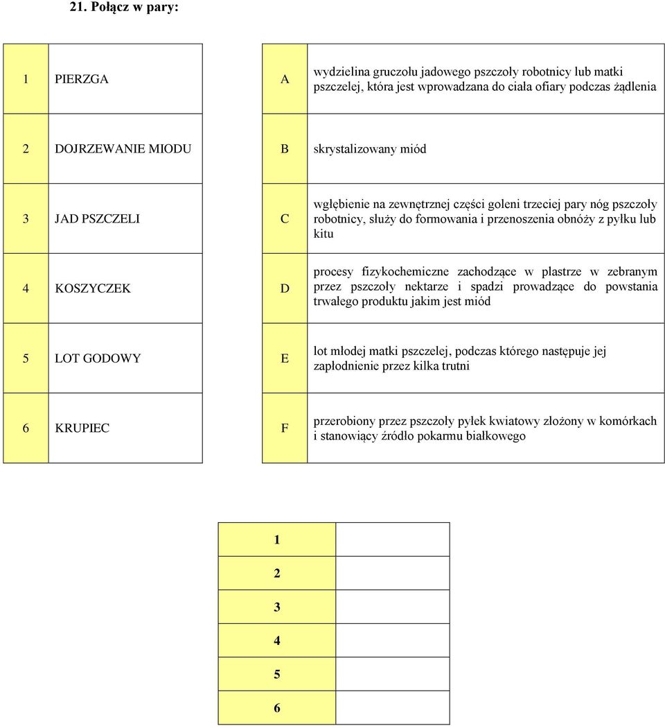 KOSZYCZEK D procesy fizykochemiczne zachodzące w plastrze w zebranym przez pszczoły nektarze i spadzi prowadzące do powstania trwałego produktu jakim jest miód 5 LOT GODOWY E lot młodej