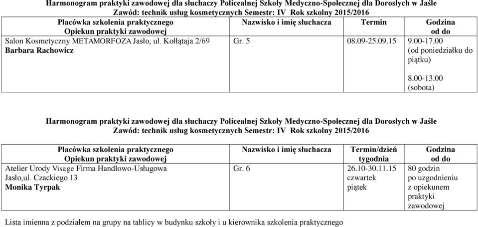 00-13.00 (sobota) Atelier Urody Visage Firma Handlowo-Usługowa Jasło,ul.