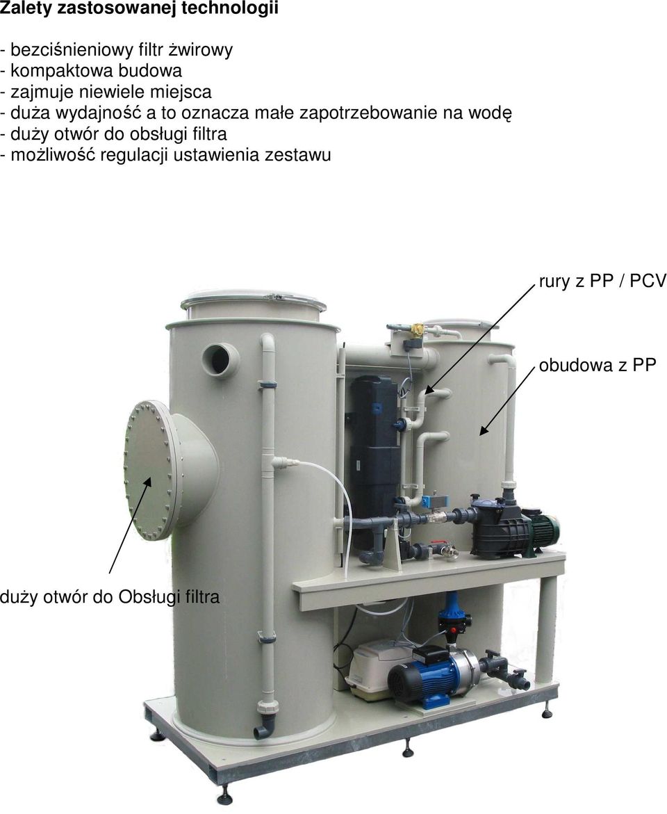 małe zapotrzebowanie na wodę - duŝy otwór do obsługi filtra - moŝliwość