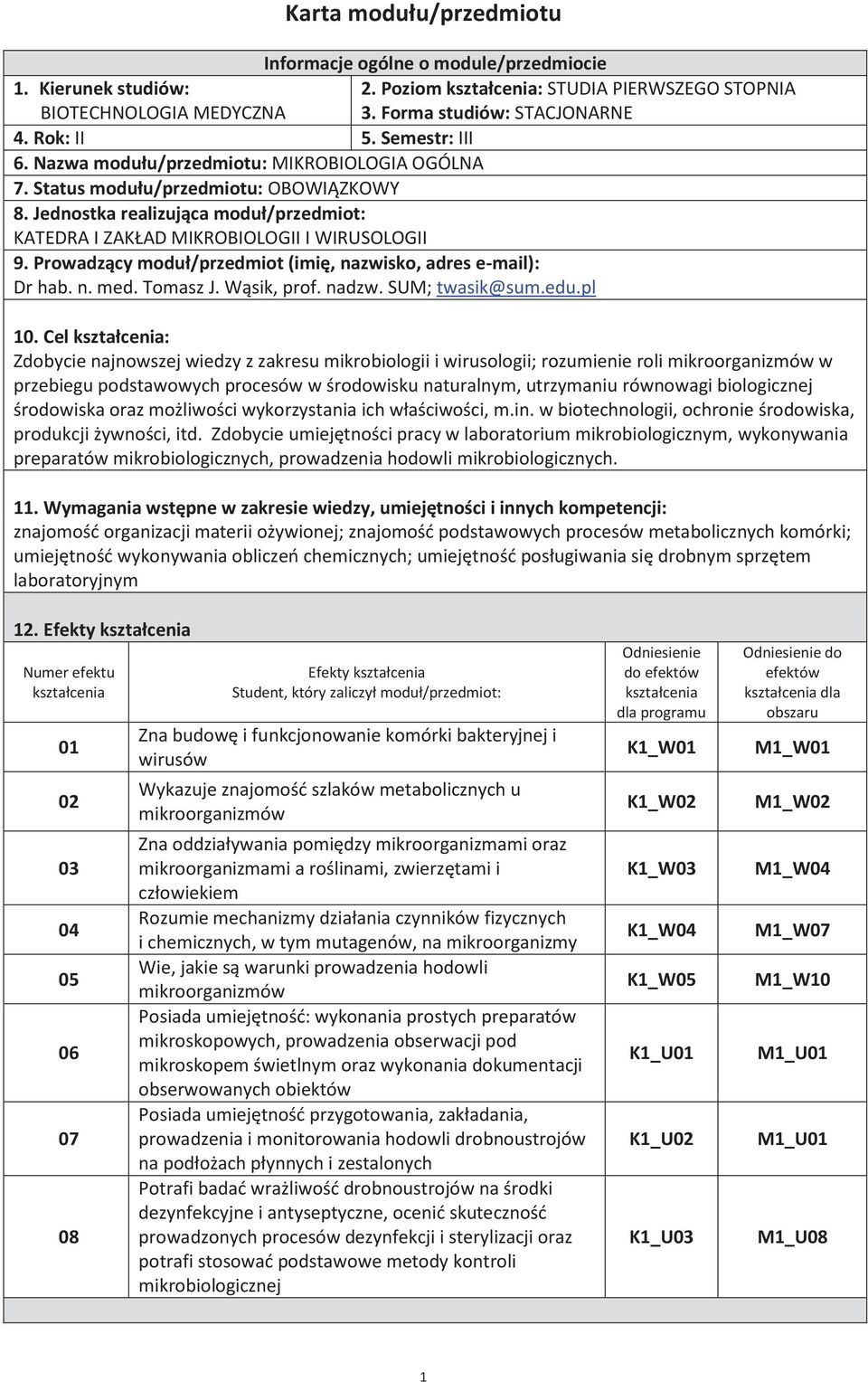 Prowadzący moduł/przedmiot (imię, nazwisko, adres e-mail): Dr hab. n. med. Tomasz J. Wąsik, prof. nadzw. SUM; twasik@sum.edu.pl 10.