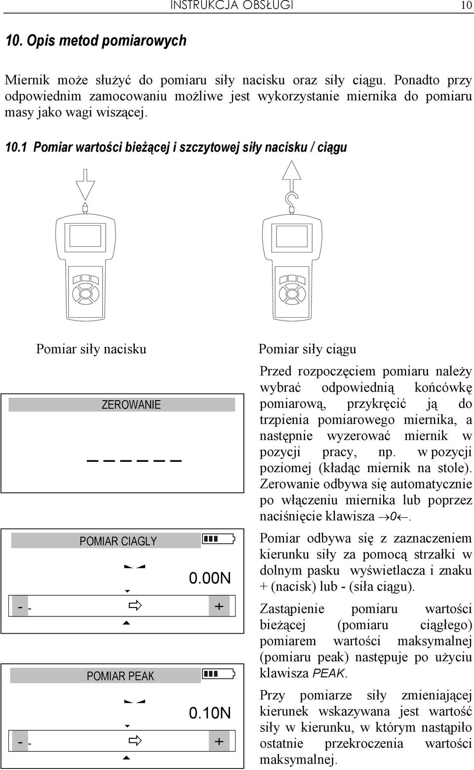 1 Pomiar wartości bieŝącej i szczytowej siły nacisku / ciągu Pomiar siły nacisku ZEROWANIE POMIAR CIAGLY 0.00N - - + POMIAR PEAK 0.