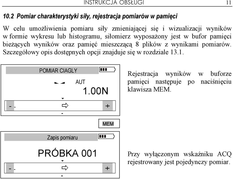 wykresu lub histogramu, siłomierz wyposaŝony jest w bufor pamięci bieŝących wyników oraz pamięć mieszczącą 8 plików z wynikami pomiarów.