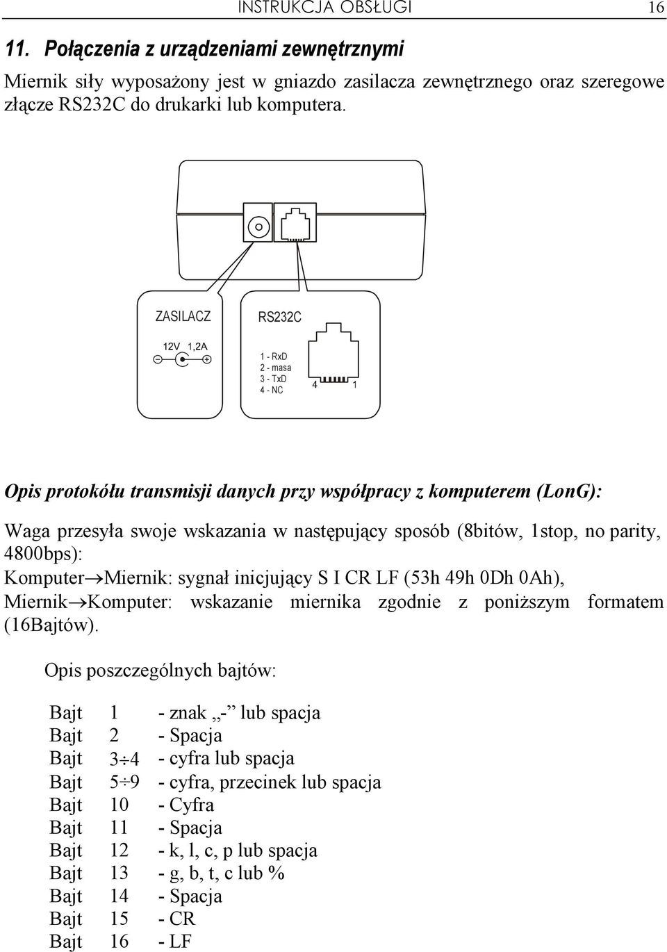 4800bps): Komputer Miernik: sygnał inicjujący S I CR LF (53h 49h 0Dh 0Ah), Miernik Komputer: wskazanie miernika zgodnie z poniŝszym formatem (16Bajtów).